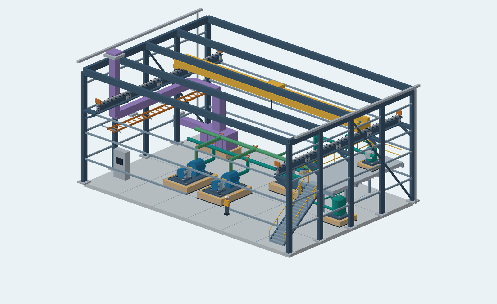 Cutaway of the actual Alderbank 3D model, showing blue pumps, green pipe routes, upper equipment platform and the yellow overhead crane